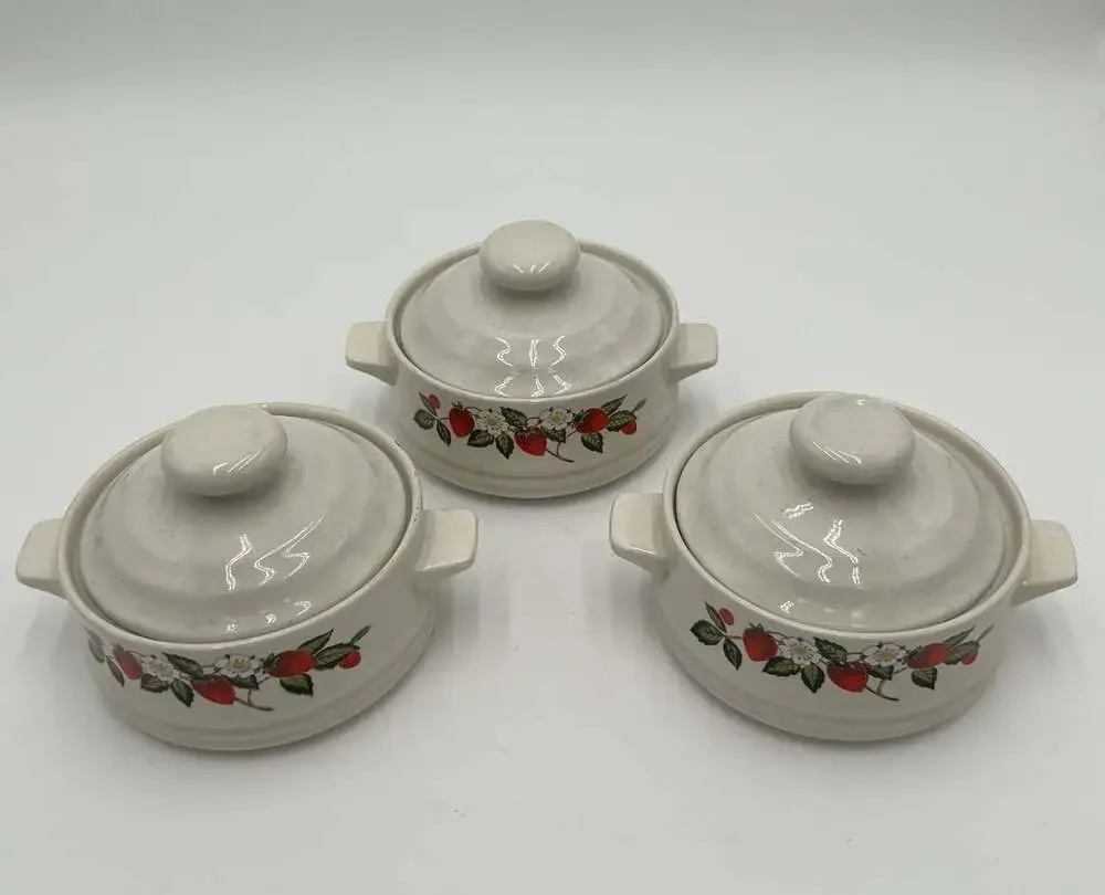 Vintage Sheffield Strawberries n Cream Stoneware Mini Casseroles Lids Set of 3